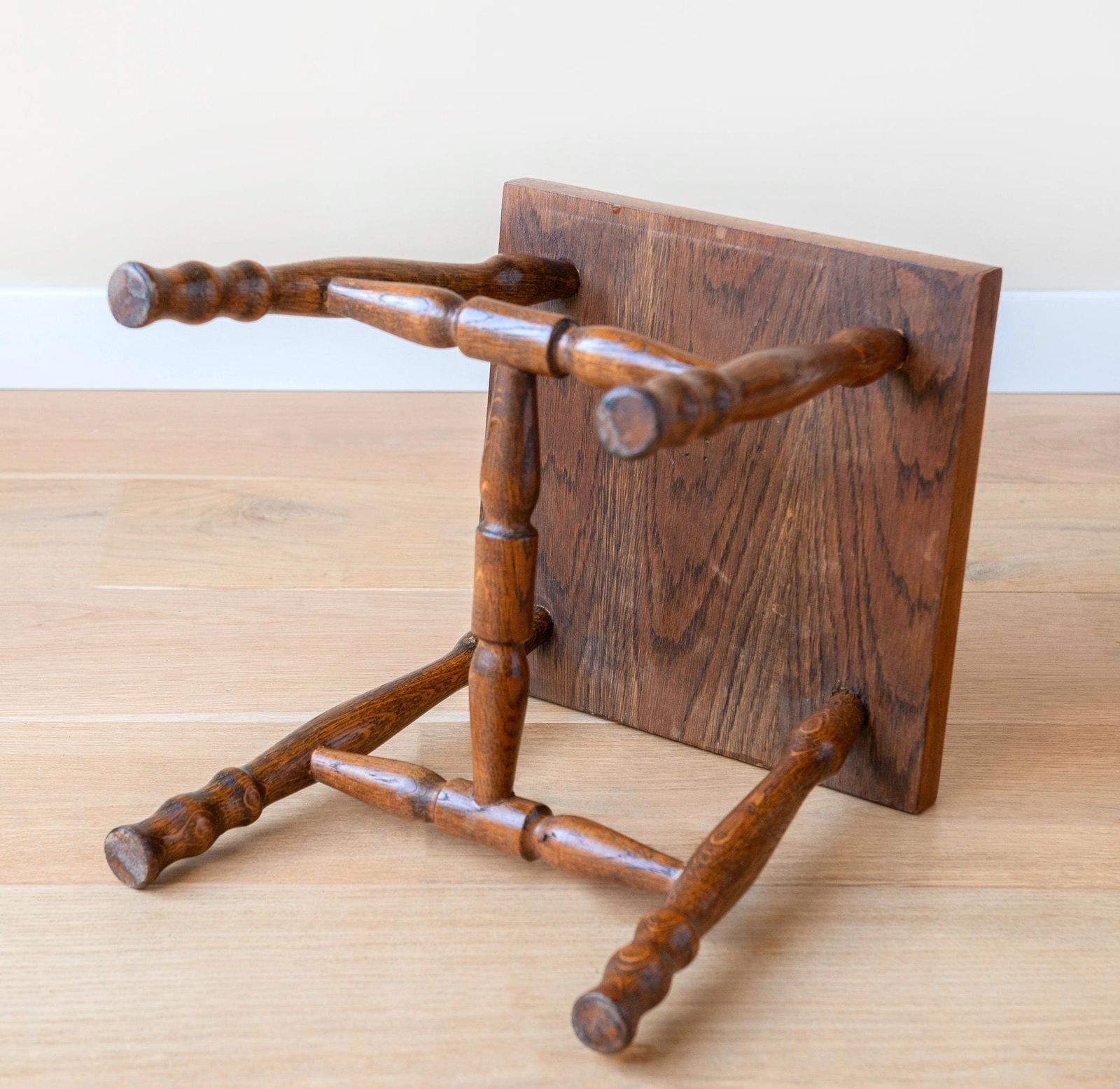 photo furniture Antique Oak Stool, Old Square Plant Stand, Wooden Side Table With Hand Carved Legs, Small Farmers Stool, Country Home Decor