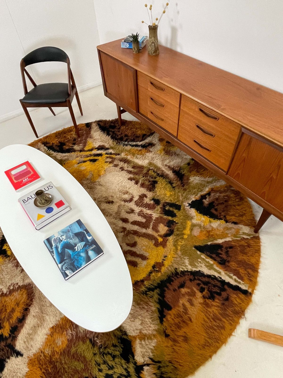 398.0 1970s Round Shaggy Rya Rug In Brown Cream Mustard photo