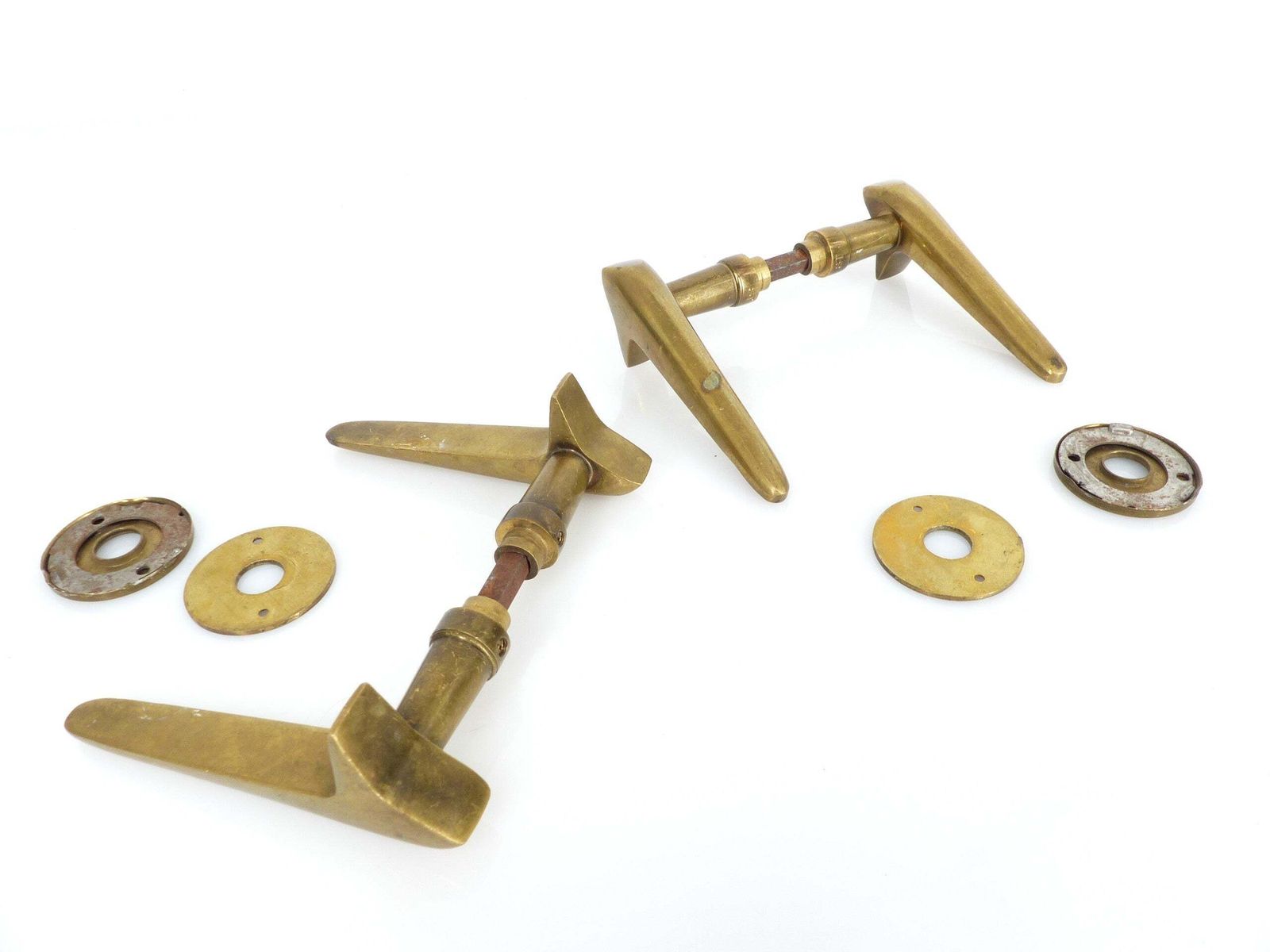 2 Pairs Of Modernist Solid Brass Door Handles 1950–1960 photo vinterior