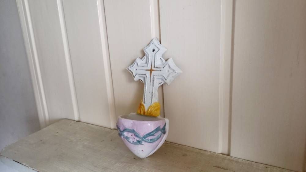 Faience Holy Water Font Stoup Sacred Heart Vintage French photo for sale