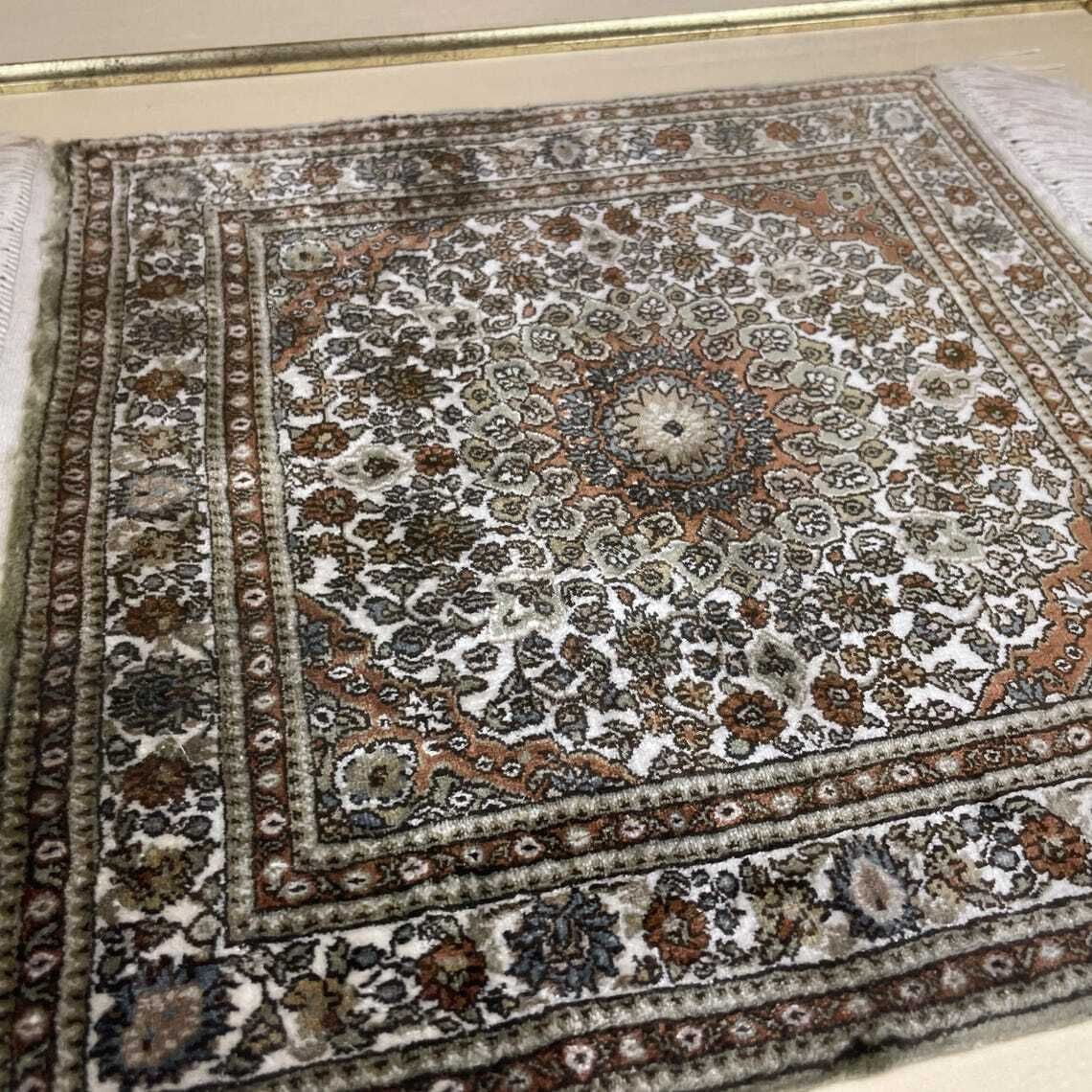 Middle Eastern Silk Miniature Rug Framed Handwoven Carpet Textile Wall Art Decor Artwork Luxury Home Accent Gold Wooden Frame photo Art