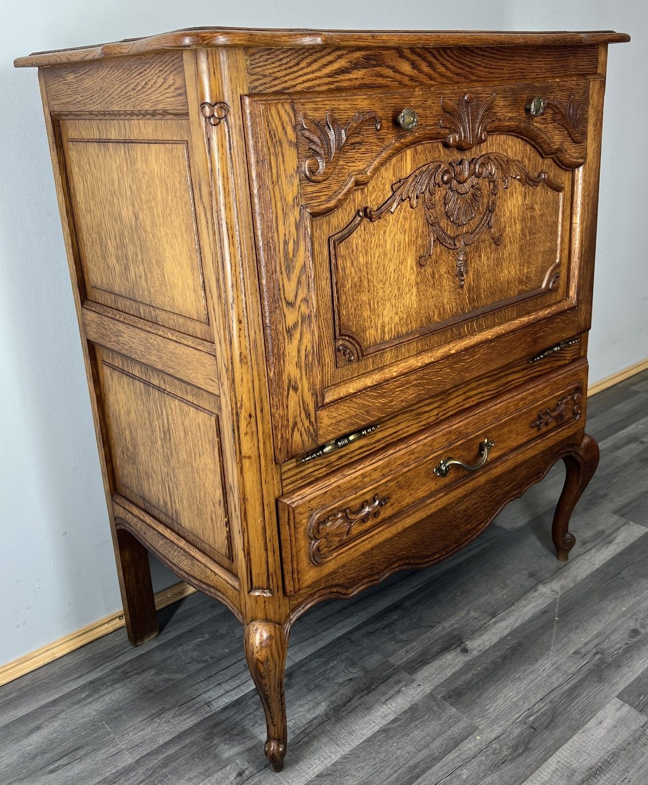 Cabinet Vintage French Louis XVI Oak Carved Drop Front Cupboard Lot 4345 photo furniture