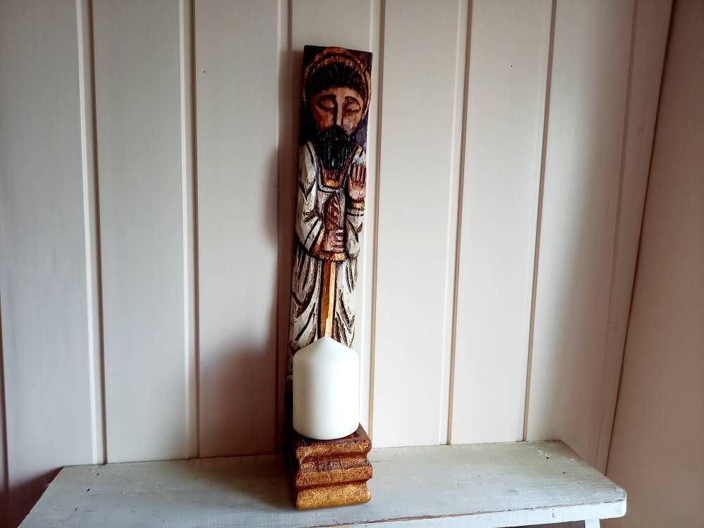 Candle Holder Saint Statue Carved Wood Sconce photo furniture