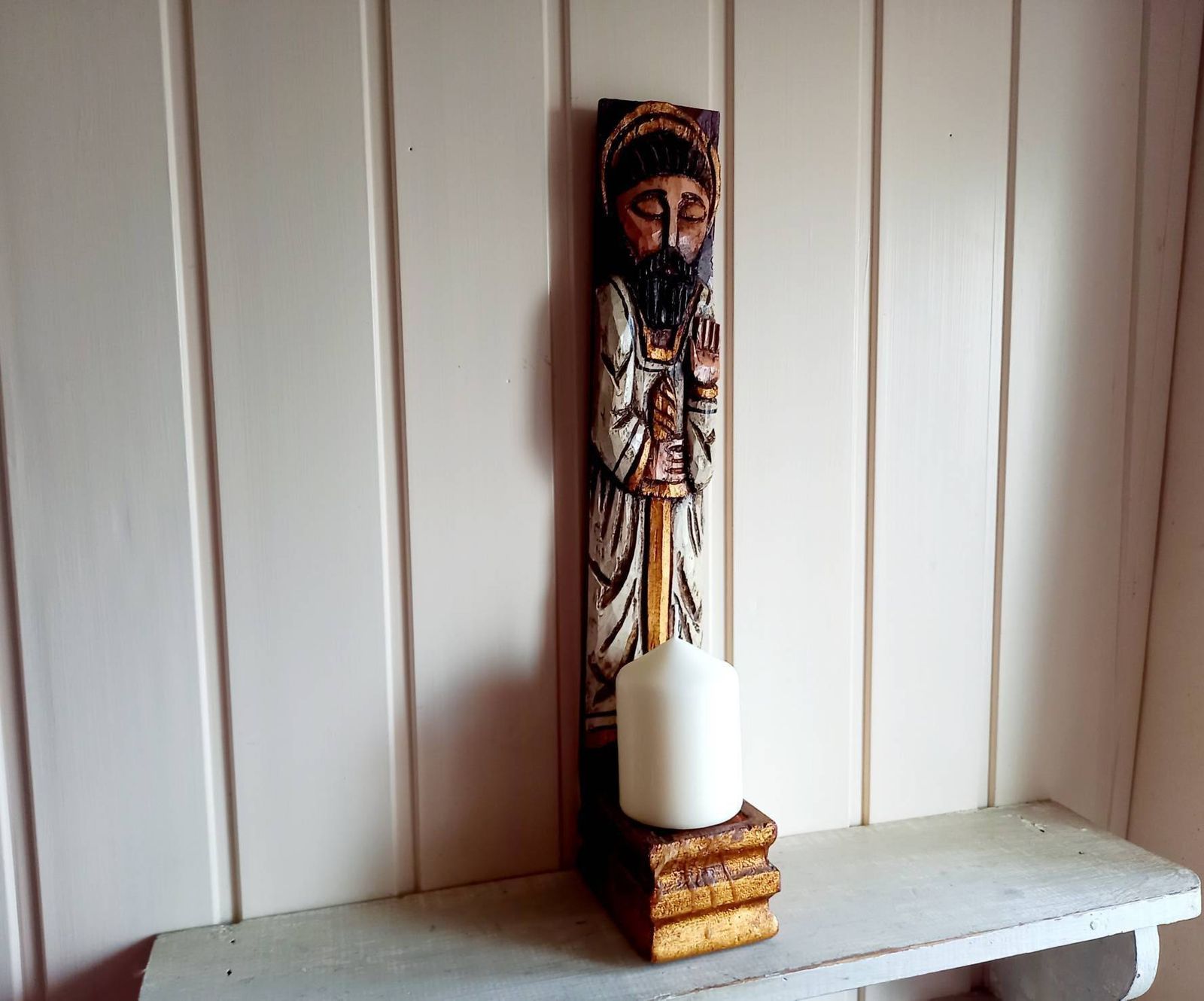 Candle Holder Saint Statue Carved Wood Sconce photo 87.0