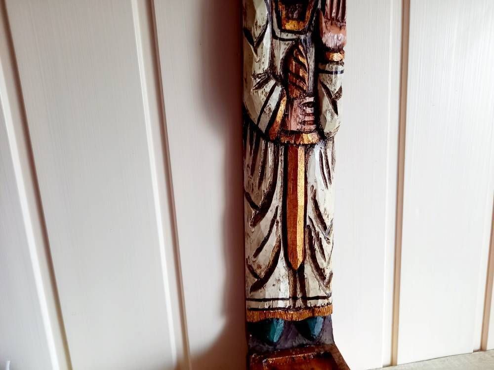 Candle Holder Saint Statue Carved Wood Sconce photo vintage