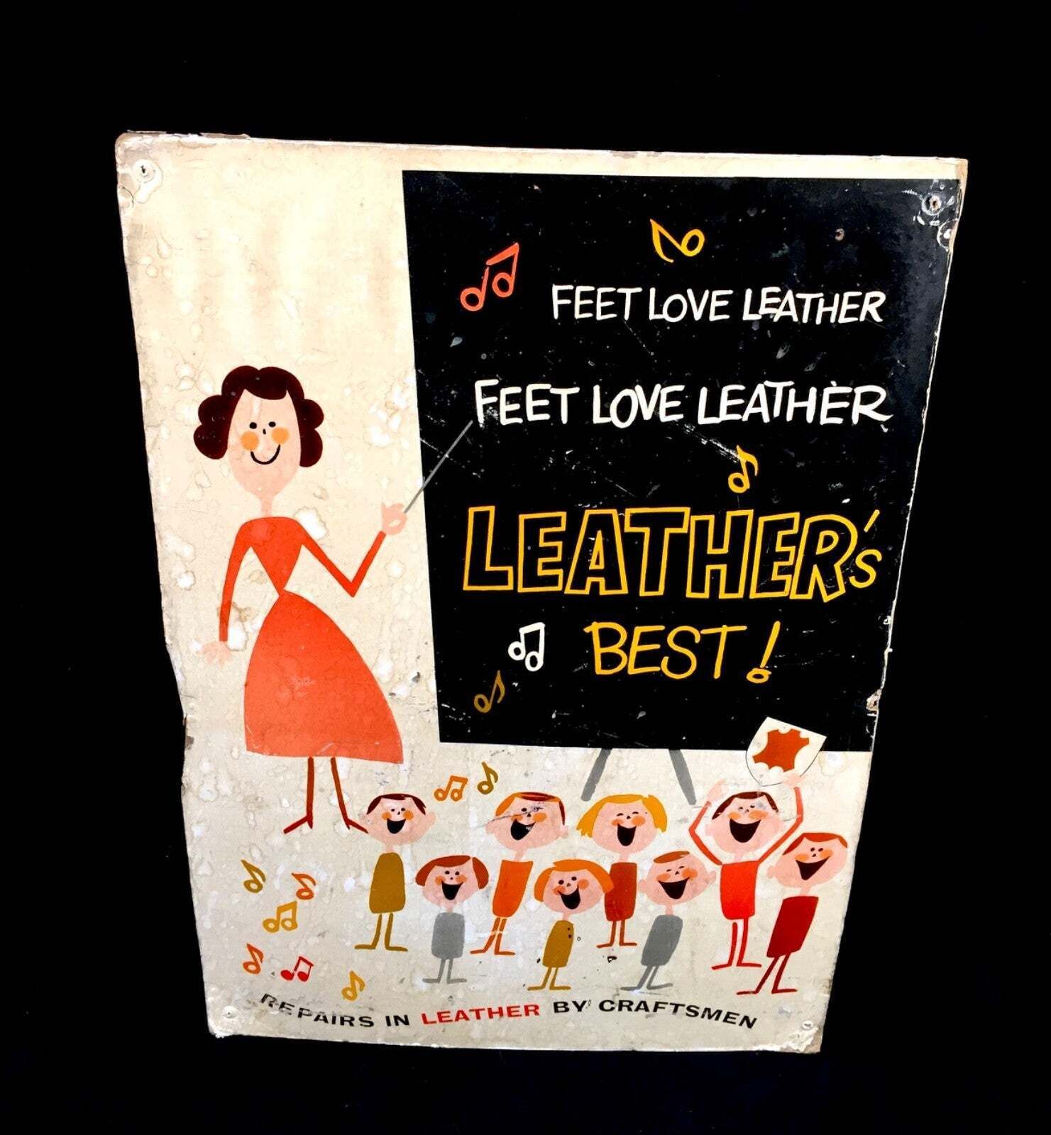 Antique Advertising Shoe Cobbler Shop Display Showcard Sign Leather Shoes 1950 photo 75.0