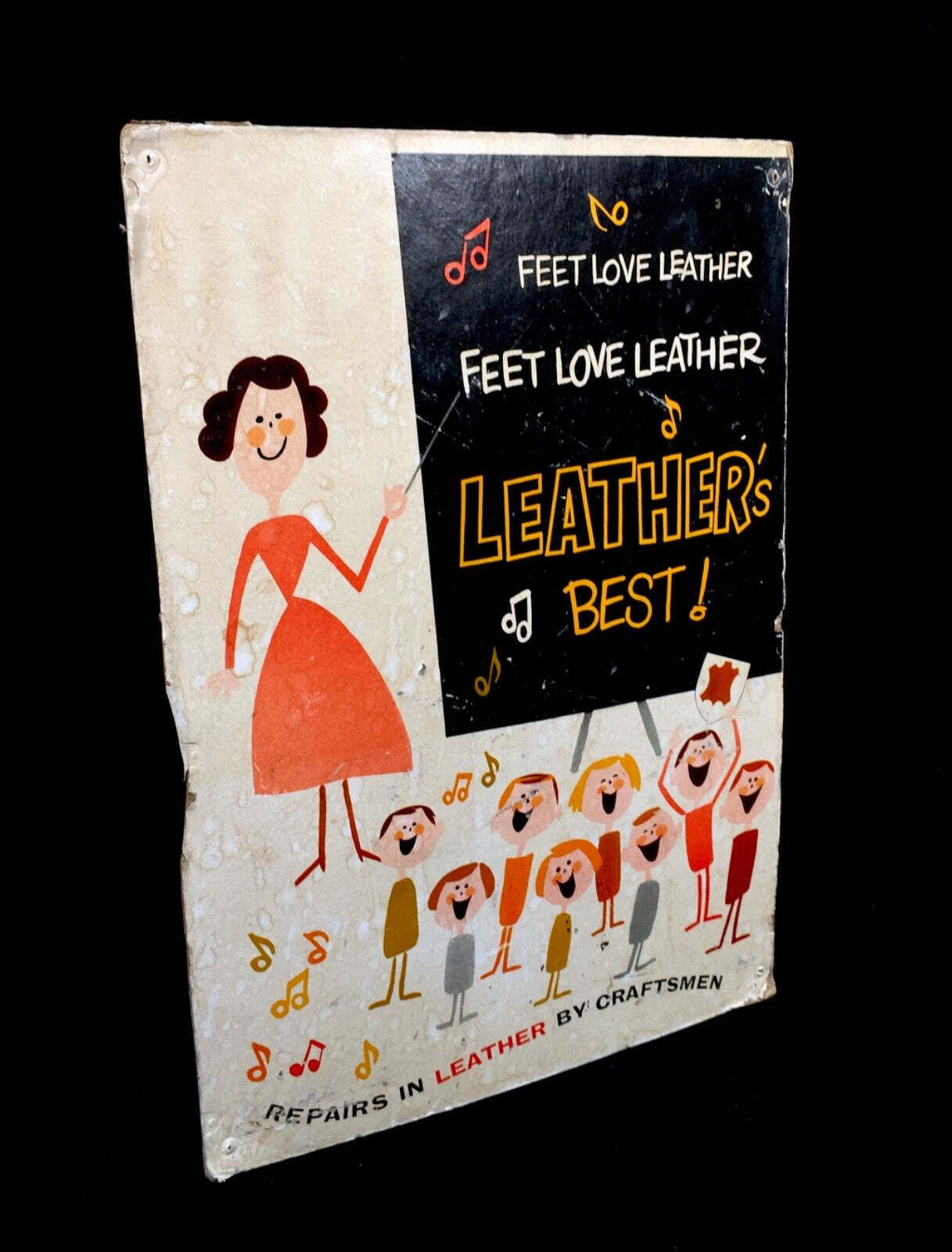 Antique Advertising Shoe Cobbler Shop Display Showcard Sign Leather Shoes 1950 photo vinterior