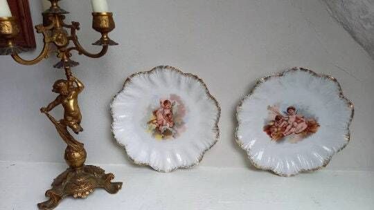 Antique French Cherub Plates Paris Porcelaine Set Of Two photo 76.0