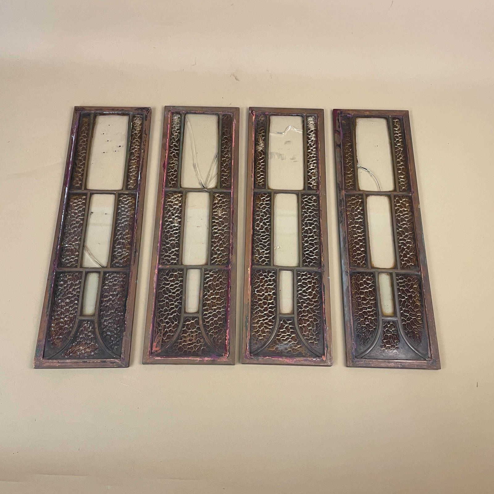 Antique Metal Glass Panels Set Of Four Art Nouveau Gothic Architectural Grilles Beveled Inserts Vintage Door Window Furniture Salvage Copper photo for sale