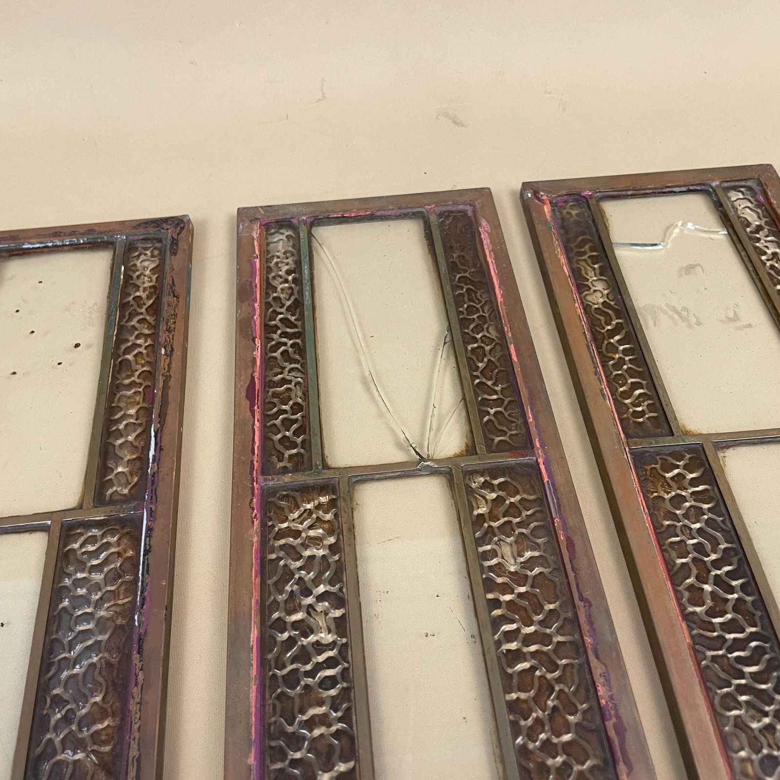Antique Metal Glass Panels Set Of Four Art Nouveau Gothic Architectural Grilles Beveled Inserts Vintage Door Window Furniture Salvage Copper photo vinterior