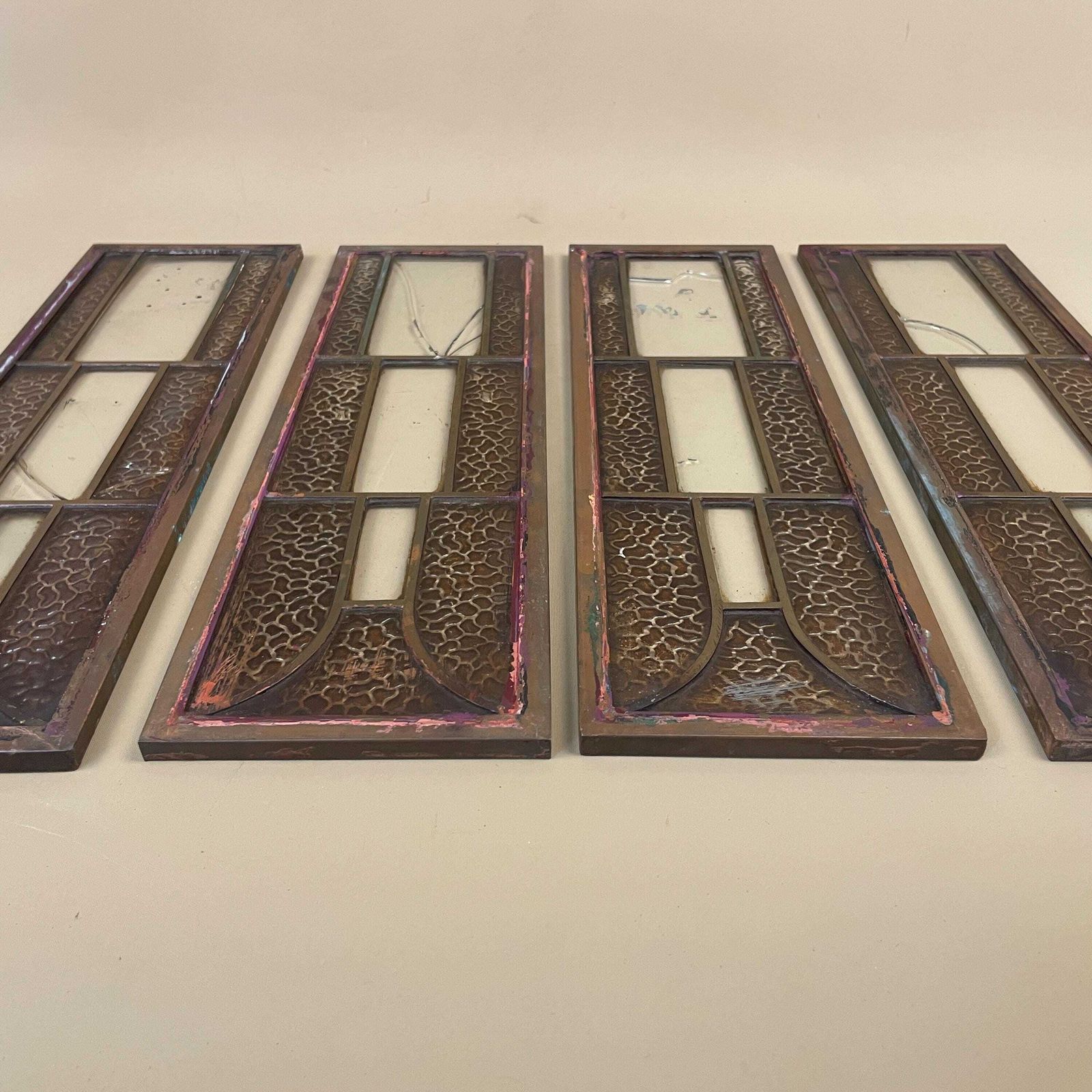 Antique Metal Glass Panels Set Of Four Art Nouveau Gothic Architectural Grilles Beveled Inserts Vintage Door Window Furniture Salvage Copper photo buy