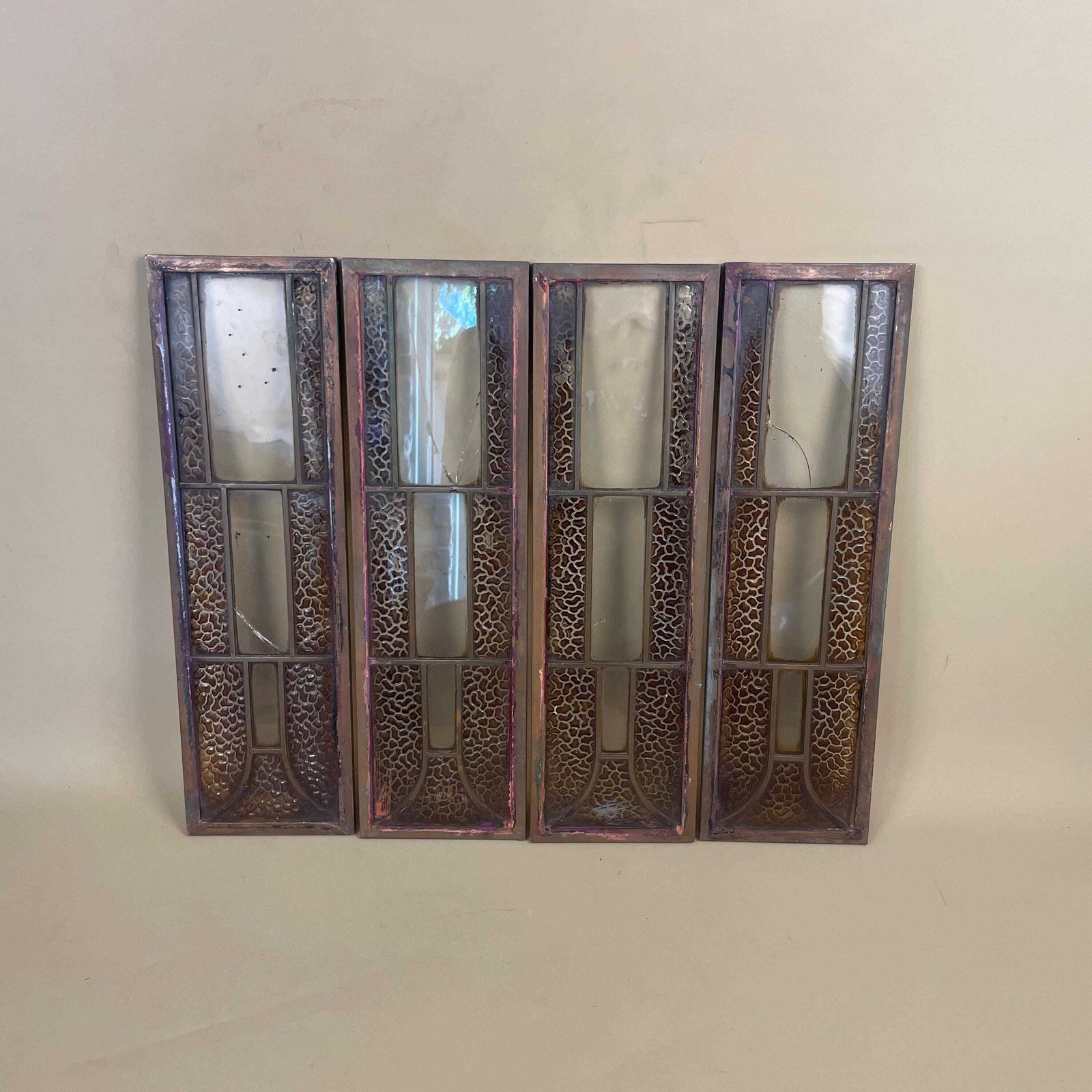 Antique Metal Glass Panels Set Of Four Art Nouveau Gothic Architectural Grilles Beveled Inserts Vintage Door Window Furniture Salvage Copper photo vintage
