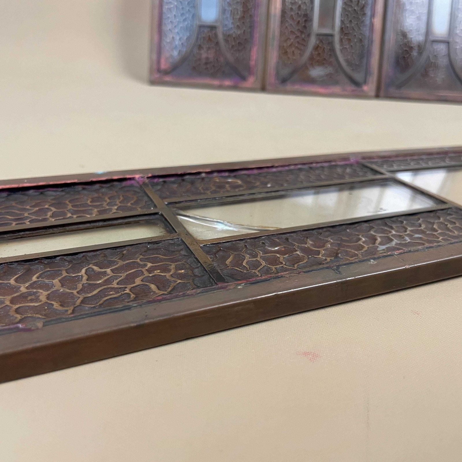 Home Fixtures Antique Metal Glass Panels Set Of Four Art Nouveau Gothic Architectural Grilles Beveled Inserts Vintage Door Window Furniture Salvage Copper photo