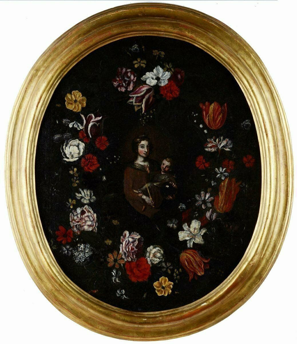 photo for sale Oil Painting On Canvas, Italian School, Virgin And Child On A Garland Of Flowers