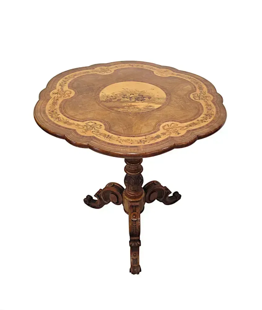 A Very Rare 19th Century Olive Wood Marquetry Inlaid Flip Top Table photo for sale
