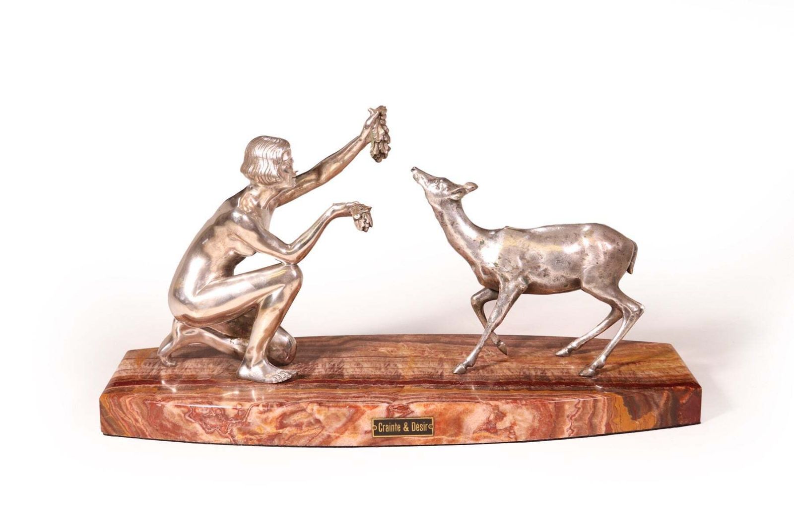 Art Deco Silvered Bronze Of Lady Feeding Deer By D’arte C1930