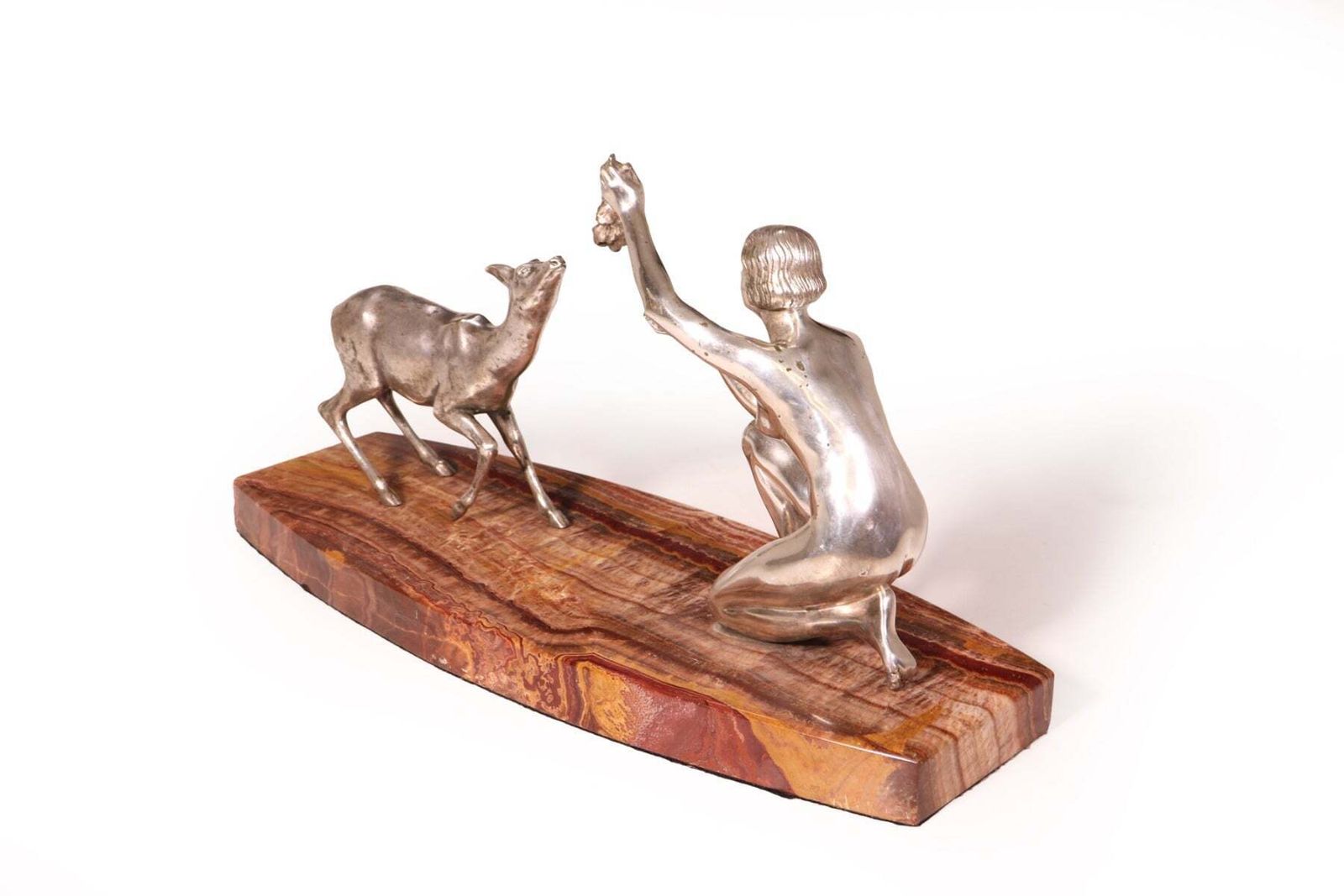 Art Deco Silvered Bronze Of Lady Feeding Deer By D’arte C1930 photo Art