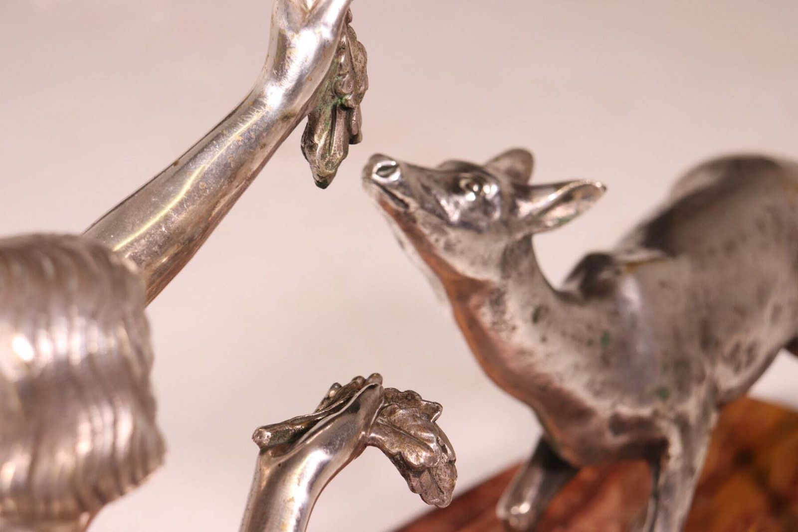 Art Art Deco Silvered Bronze Of Lady Feeding Deer By D’arte C1930 photo