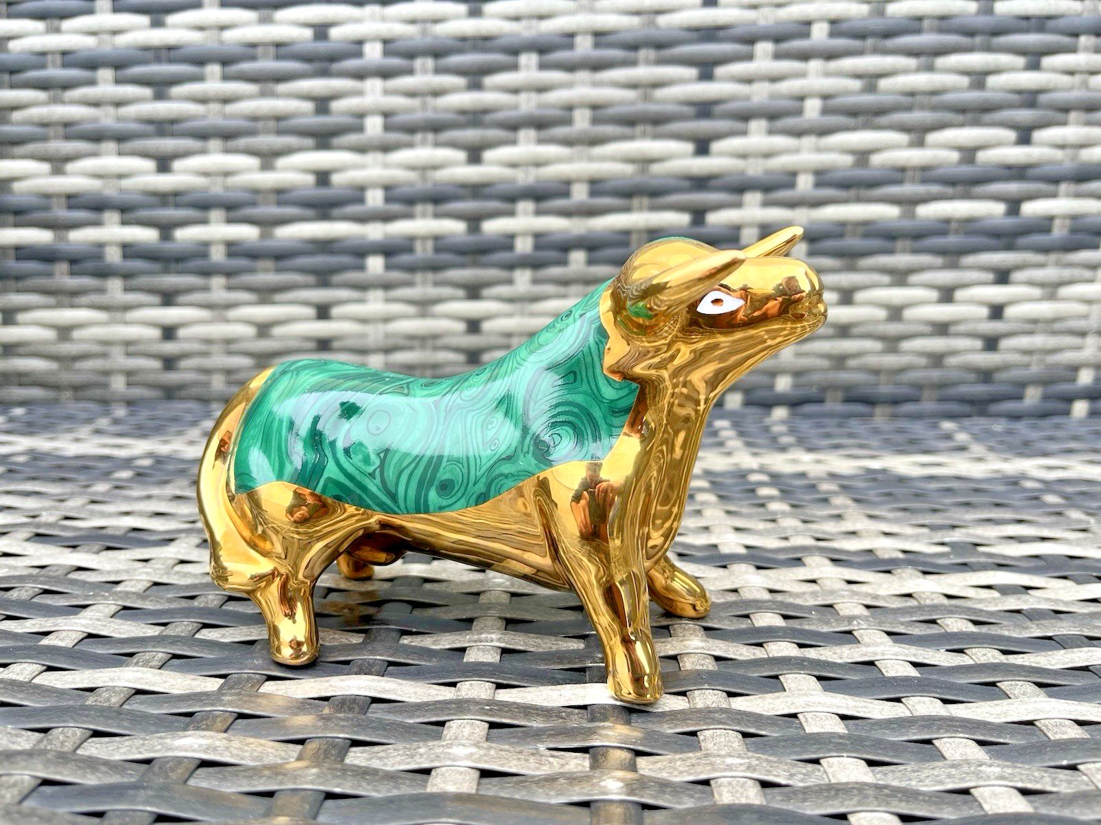 Mid Century Modern Spanish Porcelain Estil Artur Malachite & Gold Stylised Bull photo Art