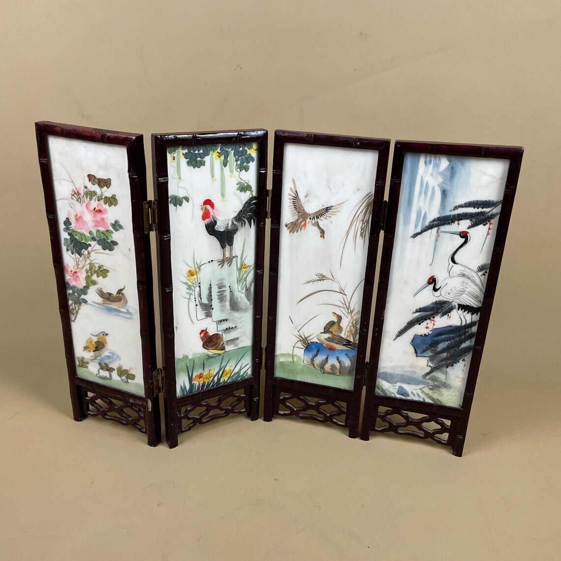 Antique Mini Table Top Oriental Japanese Wooden Divider Privacy Screen Vintage Folding Pattern Ceramic Tile Hand Painted Geisha Birds