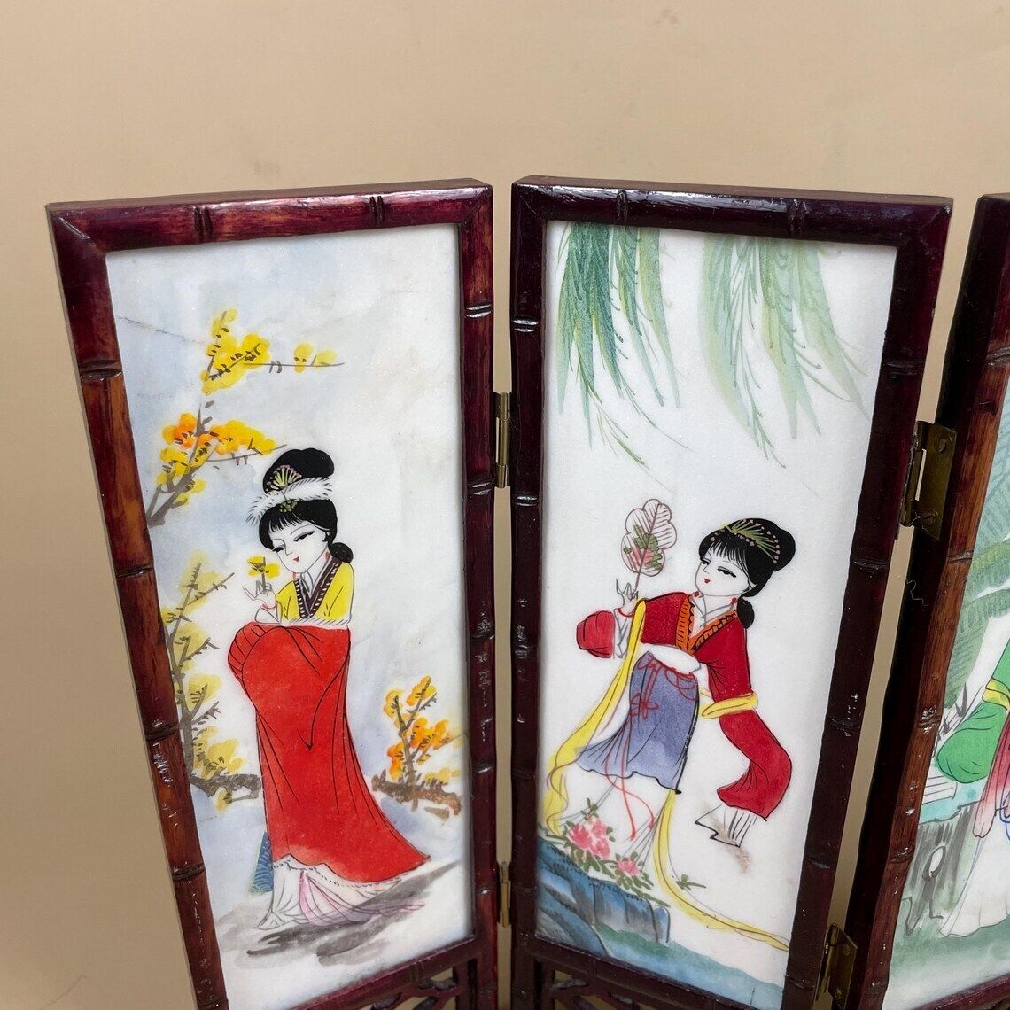 Antique Mini Table Top Oriental Japanese Wooden Divider Privacy Screen Vintage Folding Pattern Ceramic Tile Hand Painted Geisha Birds photo vinterior