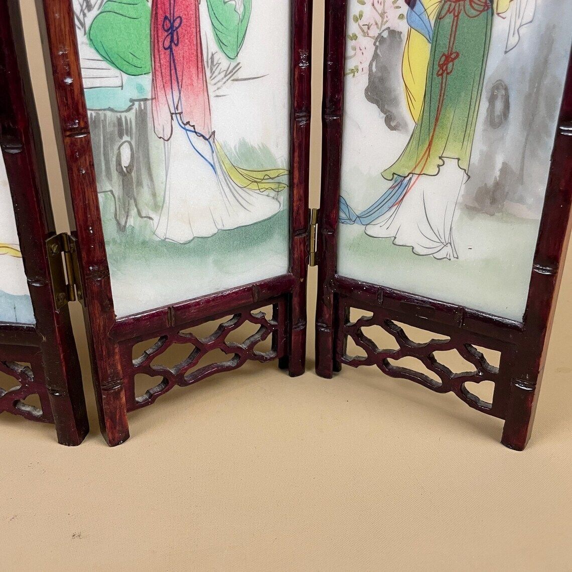 Antique Mini Table Top Oriental Japanese Wooden Divider Privacy Screen Vintage Folding Pattern Ceramic Tile Hand Painted Geisha Birds photo vintage