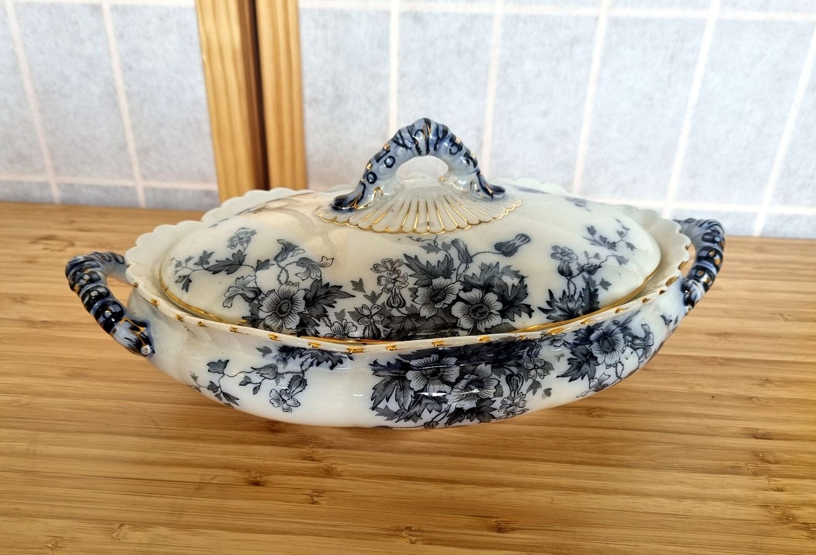Antique English Flow Blue Lidded Tureen, Transferware Covered Serving Dish, Cobalt Floral With Gilt, Ornate Handles & Finial photo Home Decor