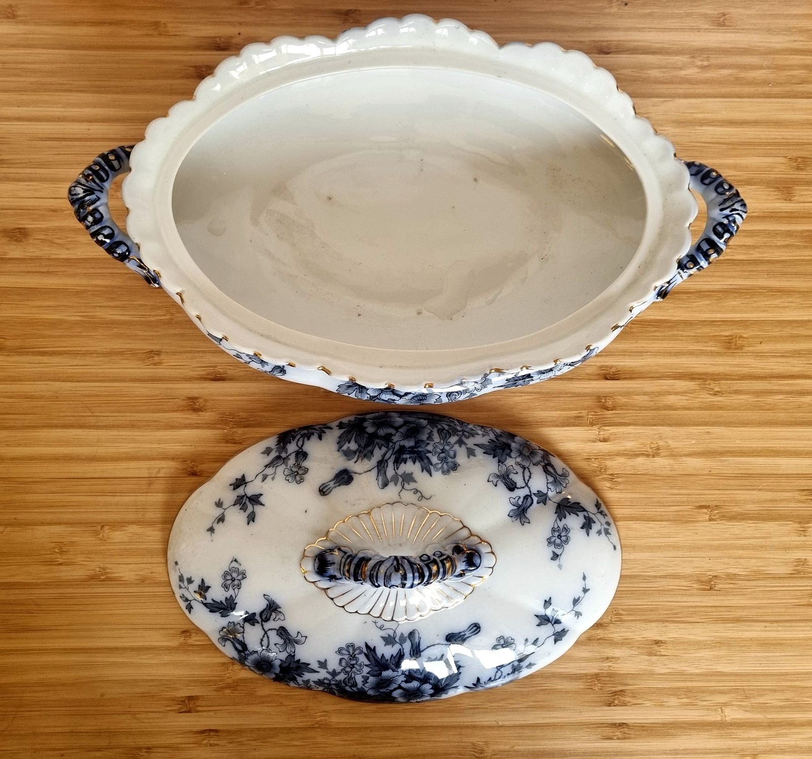 Antique English Flow Blue Lidded Tureen, Transferware Covered Serving Dish, Cobalt Floral With Gilt, Ornate Handles & Finial photo 125.0
