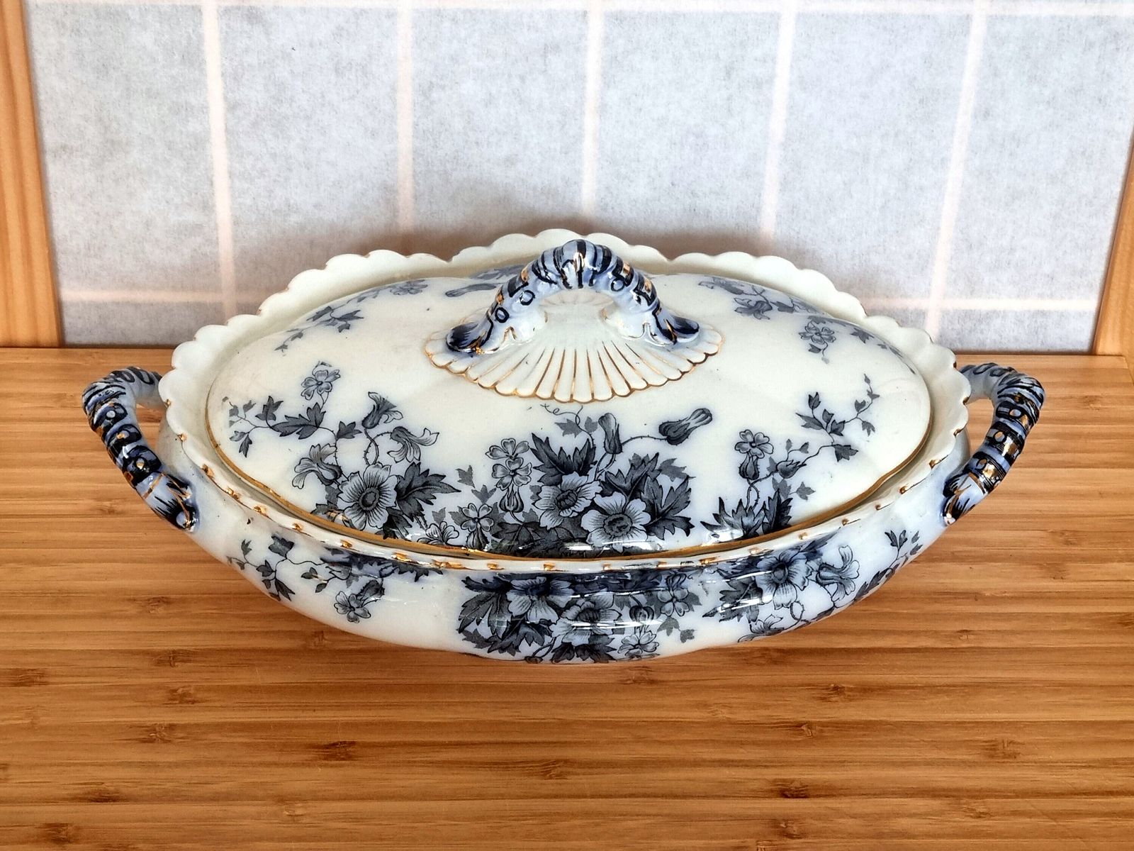 Antique English Flow Blue Lidded Tureen, Transferware Covered Serving Dish, Cobalt Floral With Gilt, Ornate Handles & Finial photo vintage