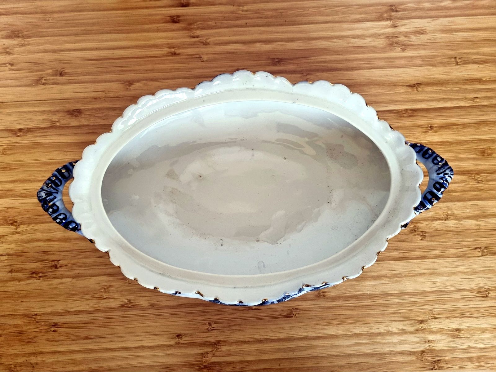 photo vintage Antique English Flow Blue Lidded Tureen, Transferware Covered Serving Dish, Cobalt Floral With Gilt, Ornate Handles & Finial