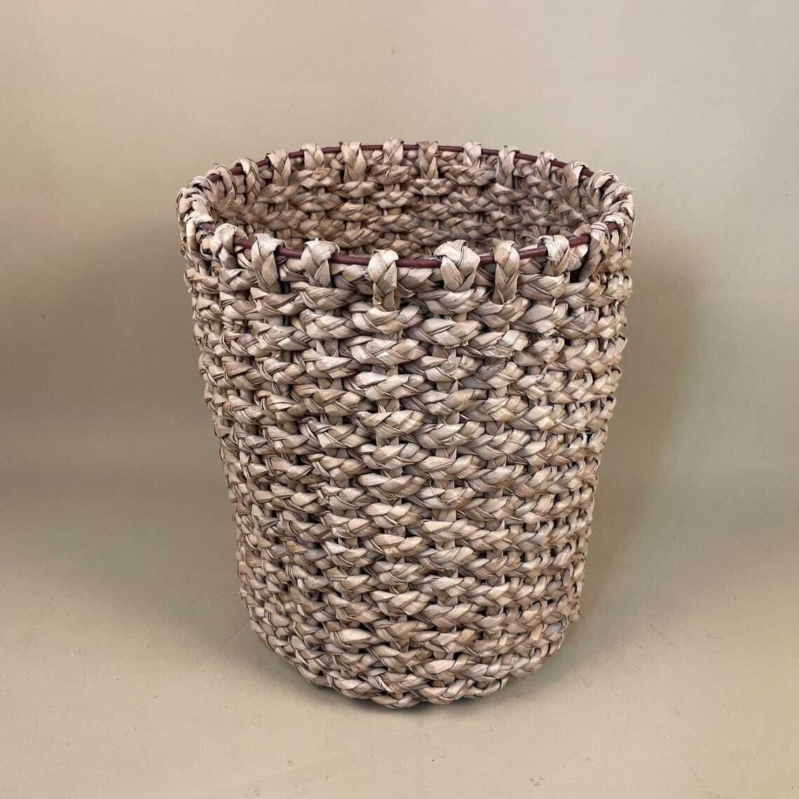 Cylinder Basket Woven Wicker Brown Storage Vintage Round Circular Wood Cottage Farmhouse Bin Trash Handmade Antique Planter Pot Metal photo furniture