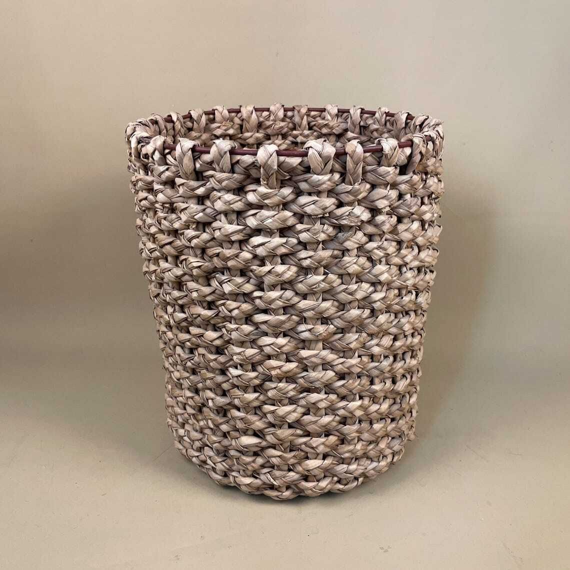 Cylinder Basket Woven Wicker Brown Storage Vintage Round Circular Wood Cottage Farmhouse Bin Trash Handmade Antique Planter Pot Metal photo for sale