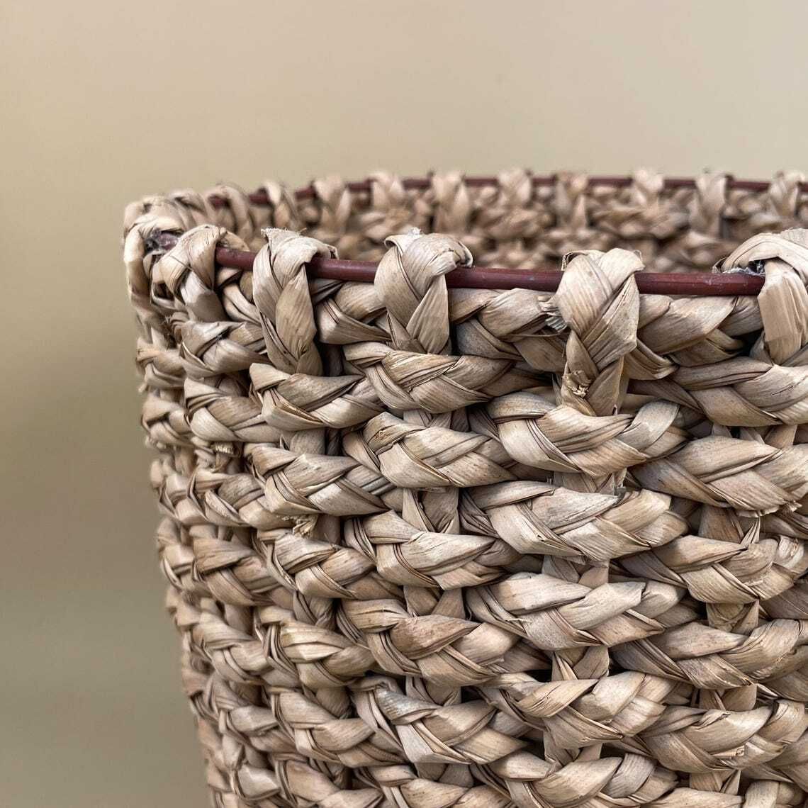 Cylinder Basket Woven Wicker Brown Storage Vintage Round Circular Wood Cottage Farmhouse Bin Trash Handmade Antique Planter Pot Metal photo 59.0