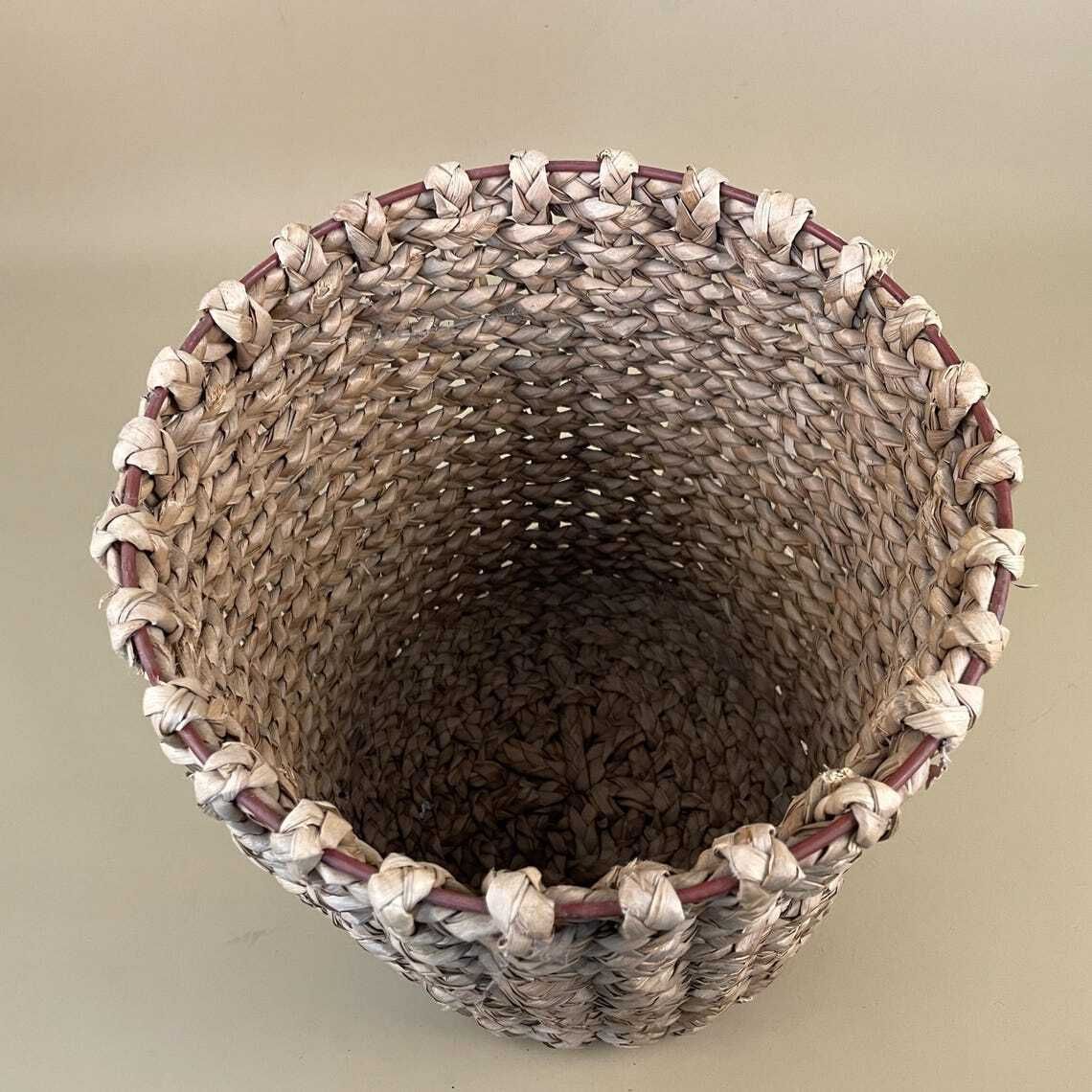 photo furniture Cylinder Basket Woven Wicker Brown Storage Vintage Round Circular Wood Cottage Farmhouse Bin Trash Handmade Antique Planter Pot Metal