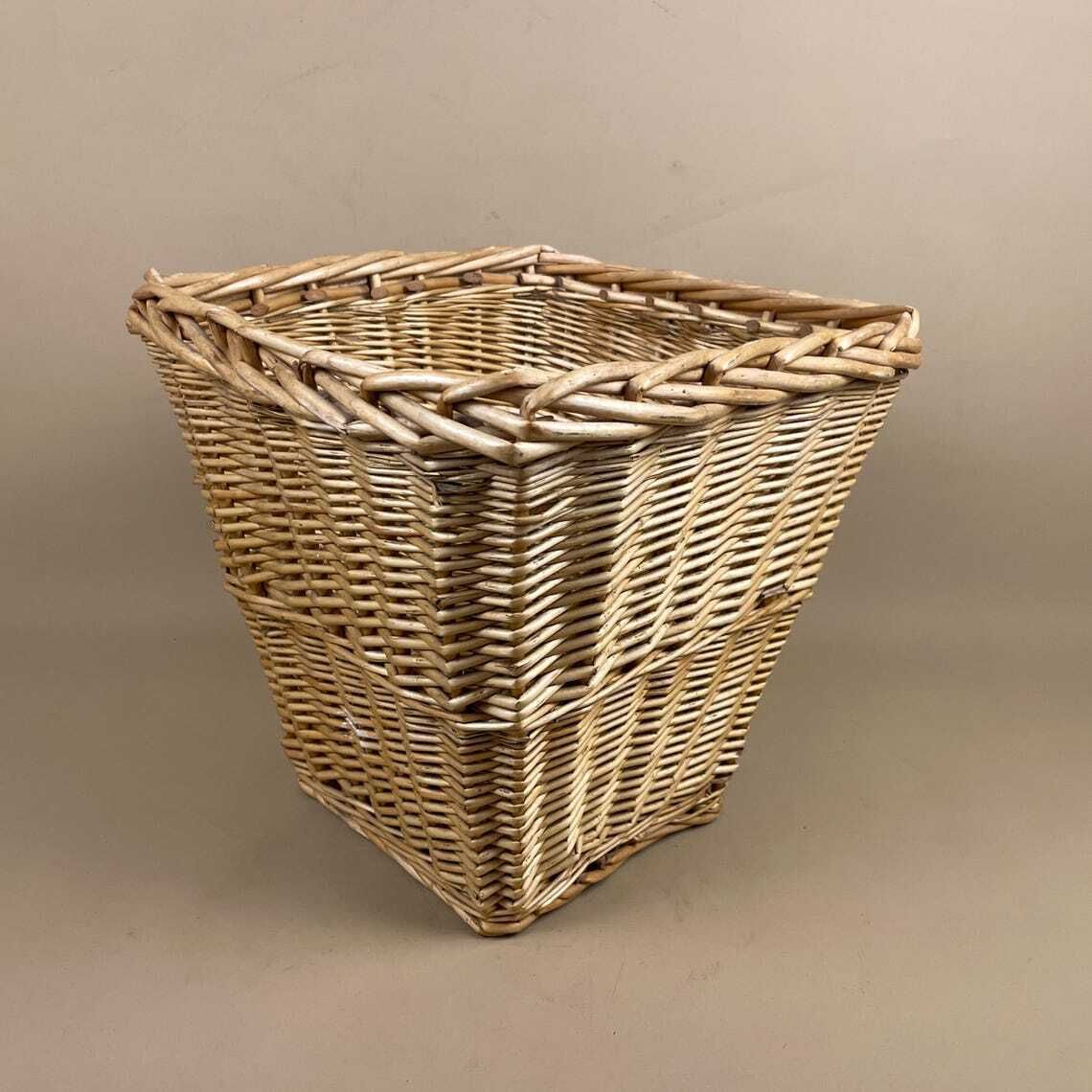 Square Basket Woven Wicker Brown Storage Vintage Wood Cottage Farmhouse Paper Bin Trash Handmade Antique Planter Pot