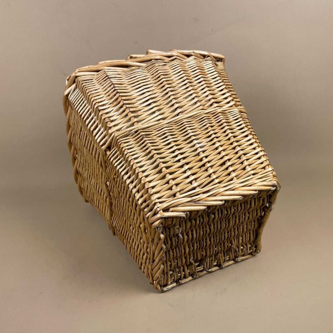 Square Basket Woven Wicker Brown Storage Vintage Wood Cottage Farmhouse Paper Bin Trash Handmade Antique Planter Pot photo vintage