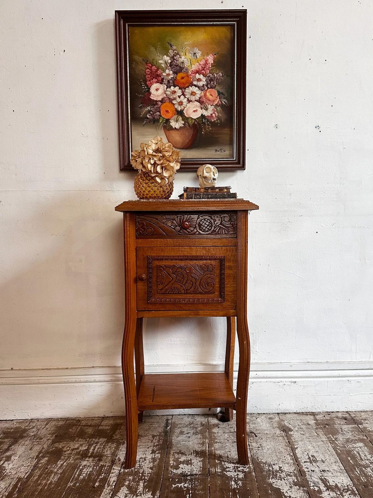 French Marble Top Bedside W/ Deco Carved Panels C1930