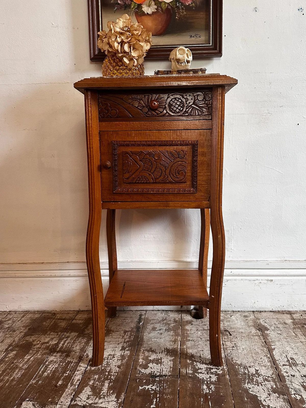 French Marble Top Bedside W/ Deco Carved Panels C1930 photo furniture