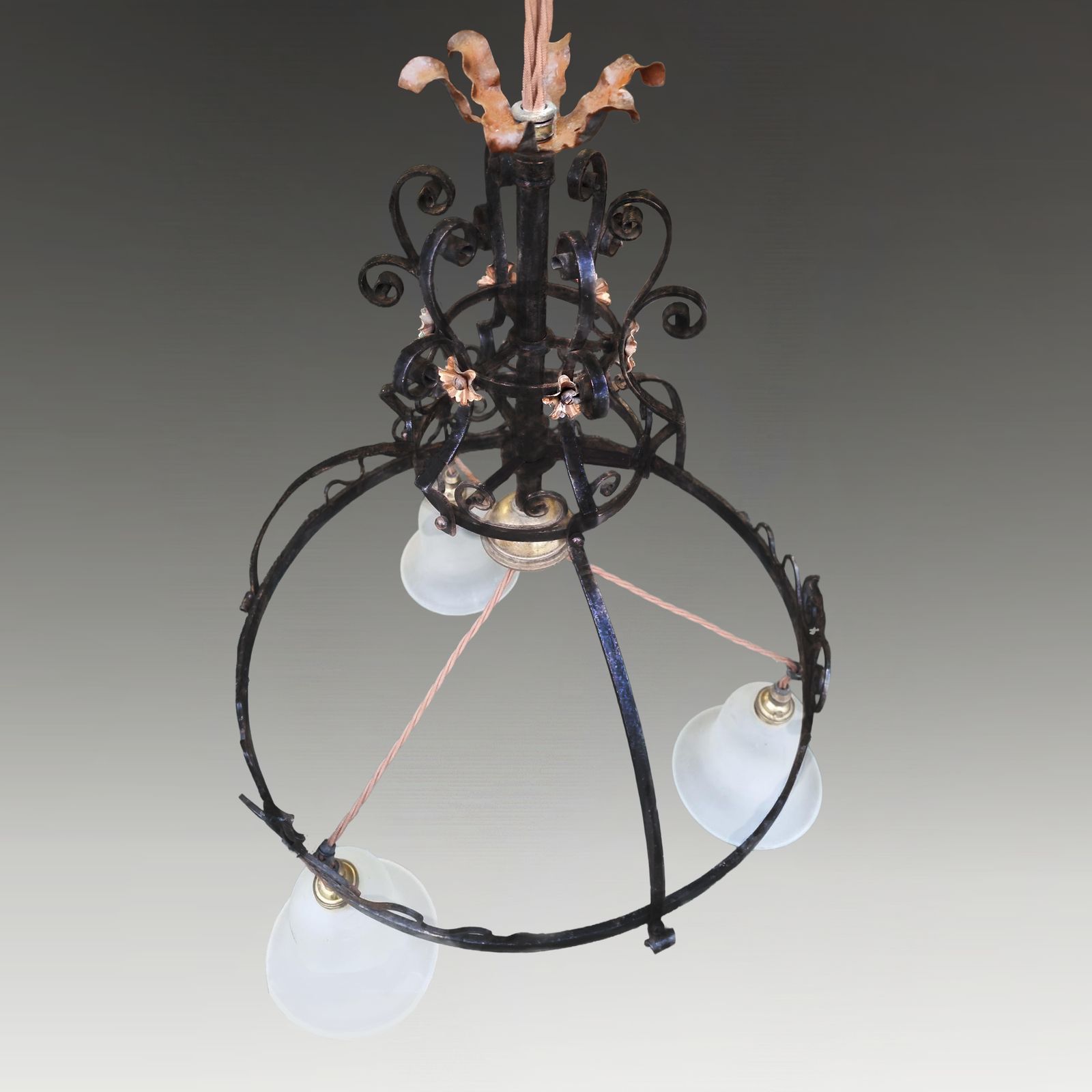 Art Nouveau Superb Copper And Wrought Iron Ceiling Chandelier Lamp. Circa 1900. Original Glass Shades. Drop Max 170cm photo 1950.0