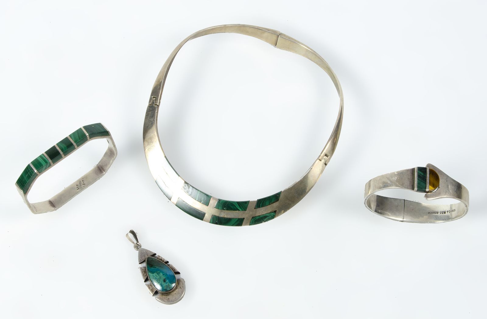 photo for sale Mid Century Sterling Silver And Malachite Jewelry Set: Necklace, Pair Of Bracelets And Pendant From Taxco, Mexico, Presumably By Los Castillo