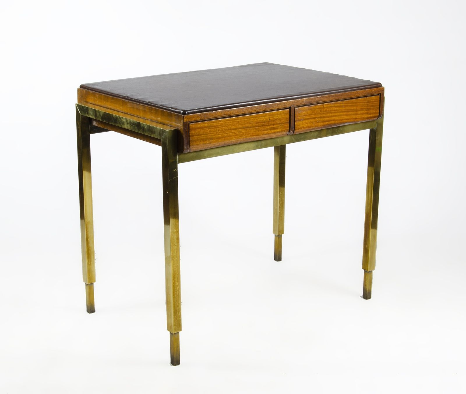 1940s Jansen Style Modern Wooden 2 Drawer Desk With Bronze Accents And Leather Surface, France
