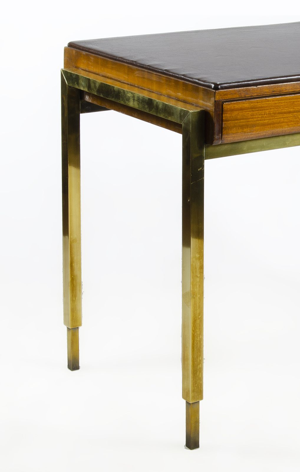 1940s Jansen Style Modern Wooden 2 Drawer Desk With Bronze Accents And Leather Surface, France photo vintage