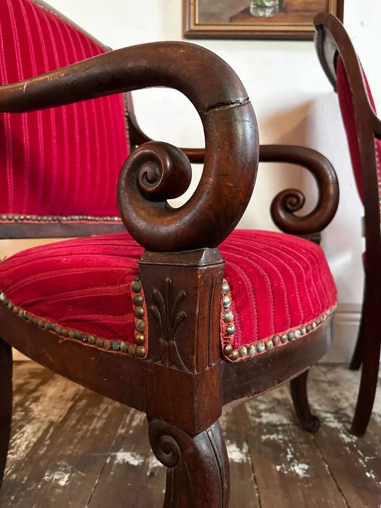 French Empire Armchairs In Red Velvet And Mahogany C1830 photo vinterior