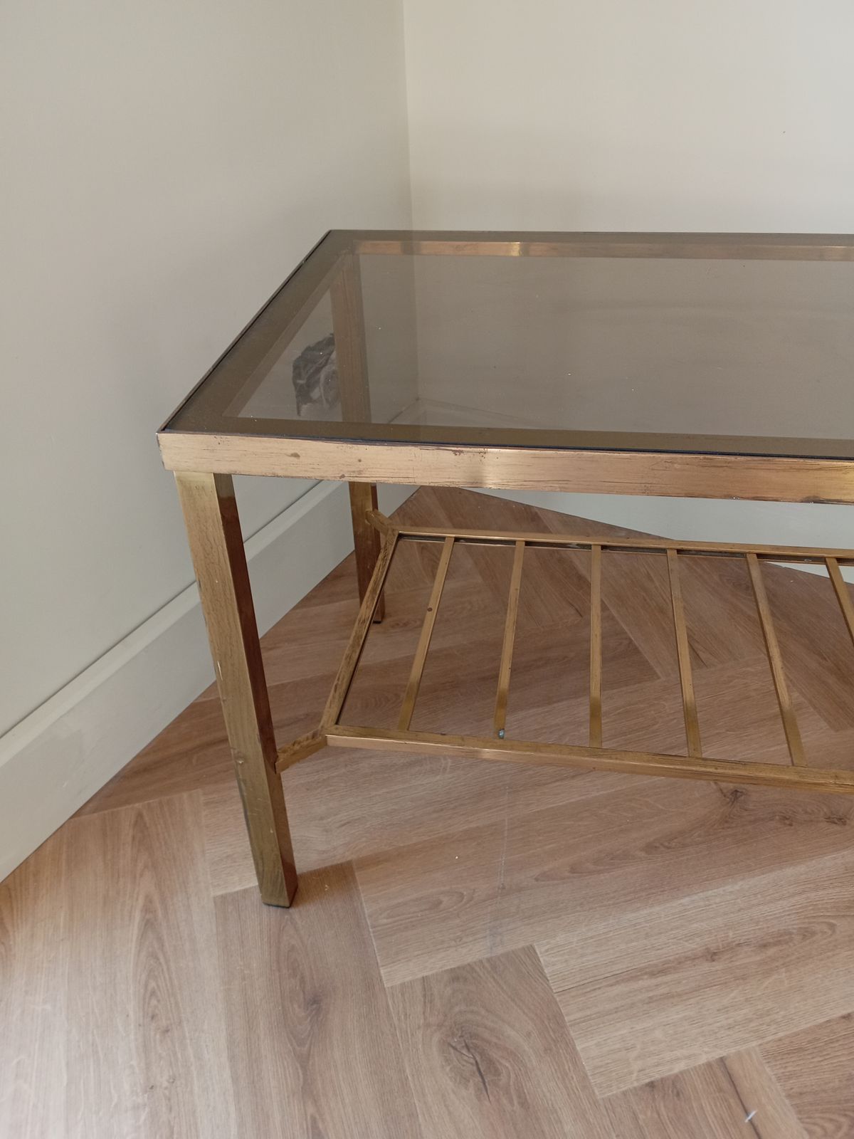 Mid Century  Brass And Glass Rectangle  Coffee Table With Two Tiers In The Maison Jensan Style photo furniture