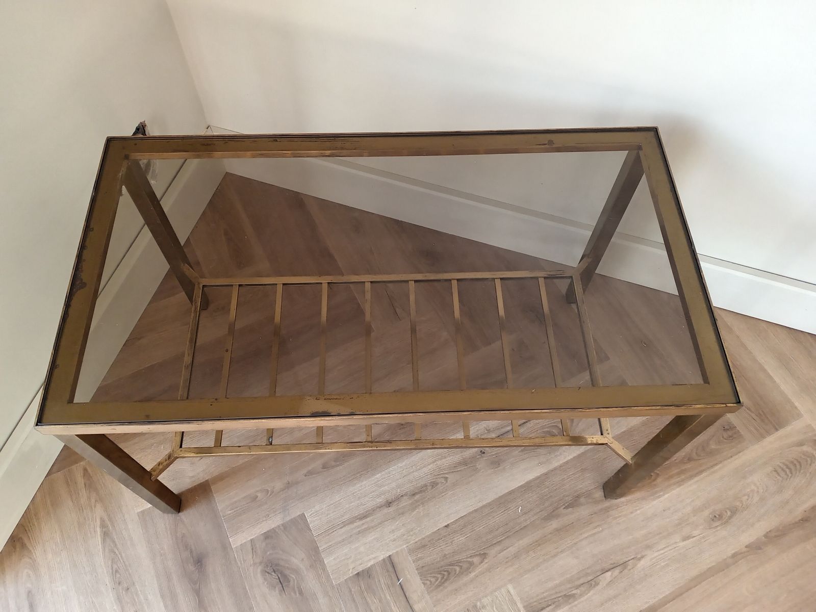 Mid Century  Brass And Glass Rectangle  Coffee Table With Two Tiers In The Maison Jensan Style photo vinterior