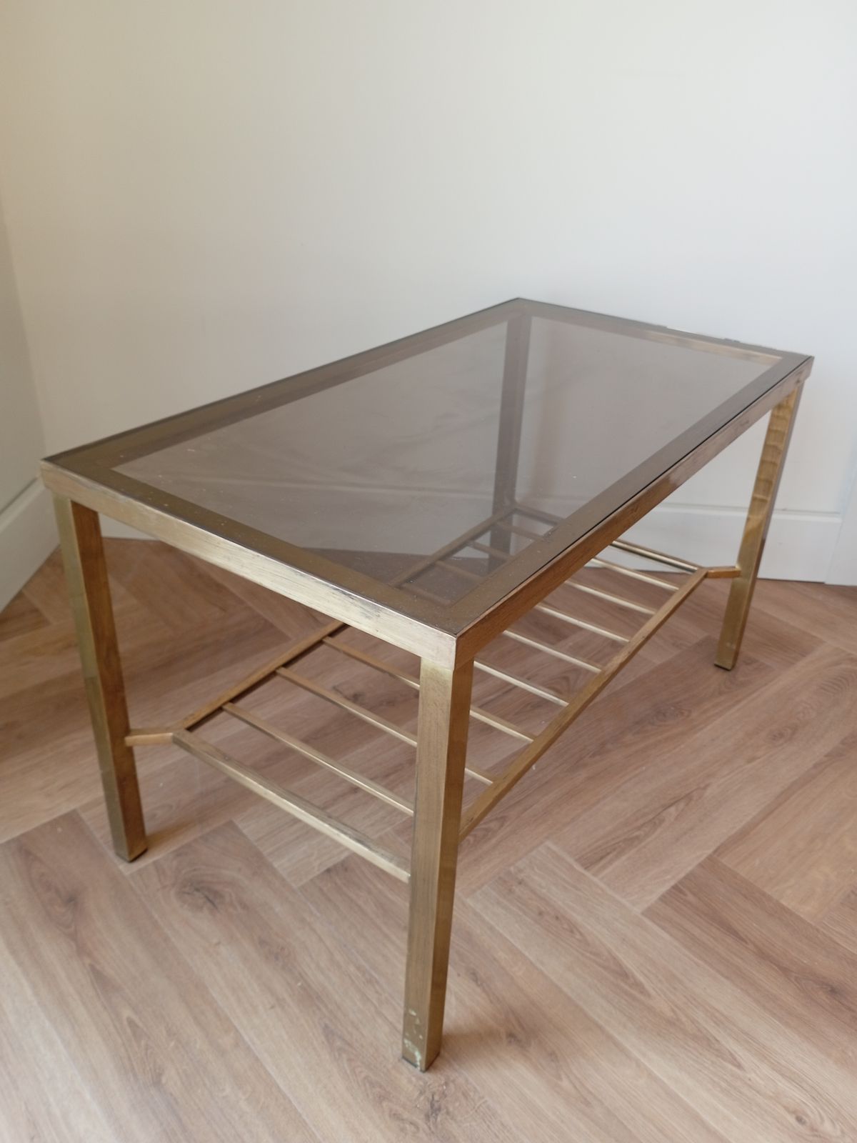 photo for sale Mid Century  Brass And Glass Rectangle  Coffee Table With Two Tiers In The Maison Jensan Style