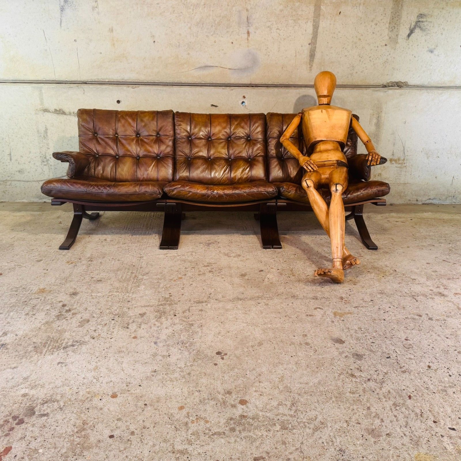 1970s Norwegian Tan Leather 3 Seater Sofa — Rustic Bentwood Frame #A740 photo furniture