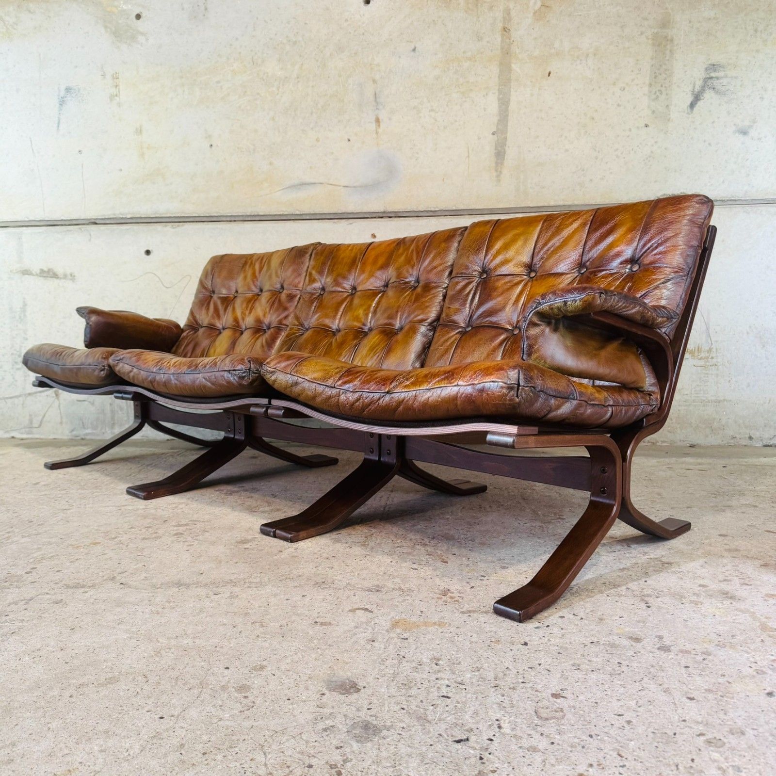 1970s Norwegian Tan Leather 3 Seater Sofa — Rustic Bentwood Frame #A740 photo 1535.0