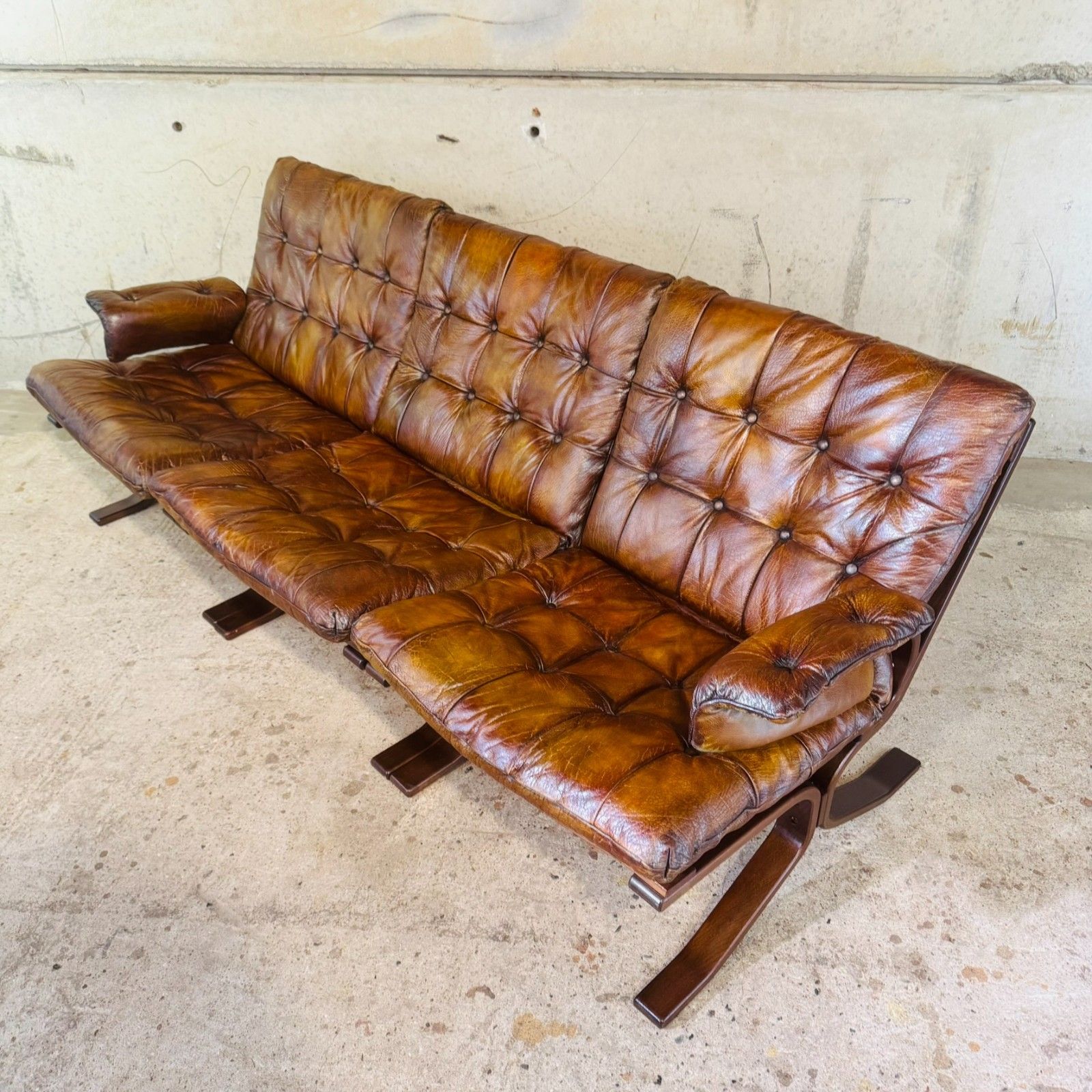 1970s Norwegian Tan Leather 3 Seater Sofa — Rustic Bentwood Frame #A740 photo buy
