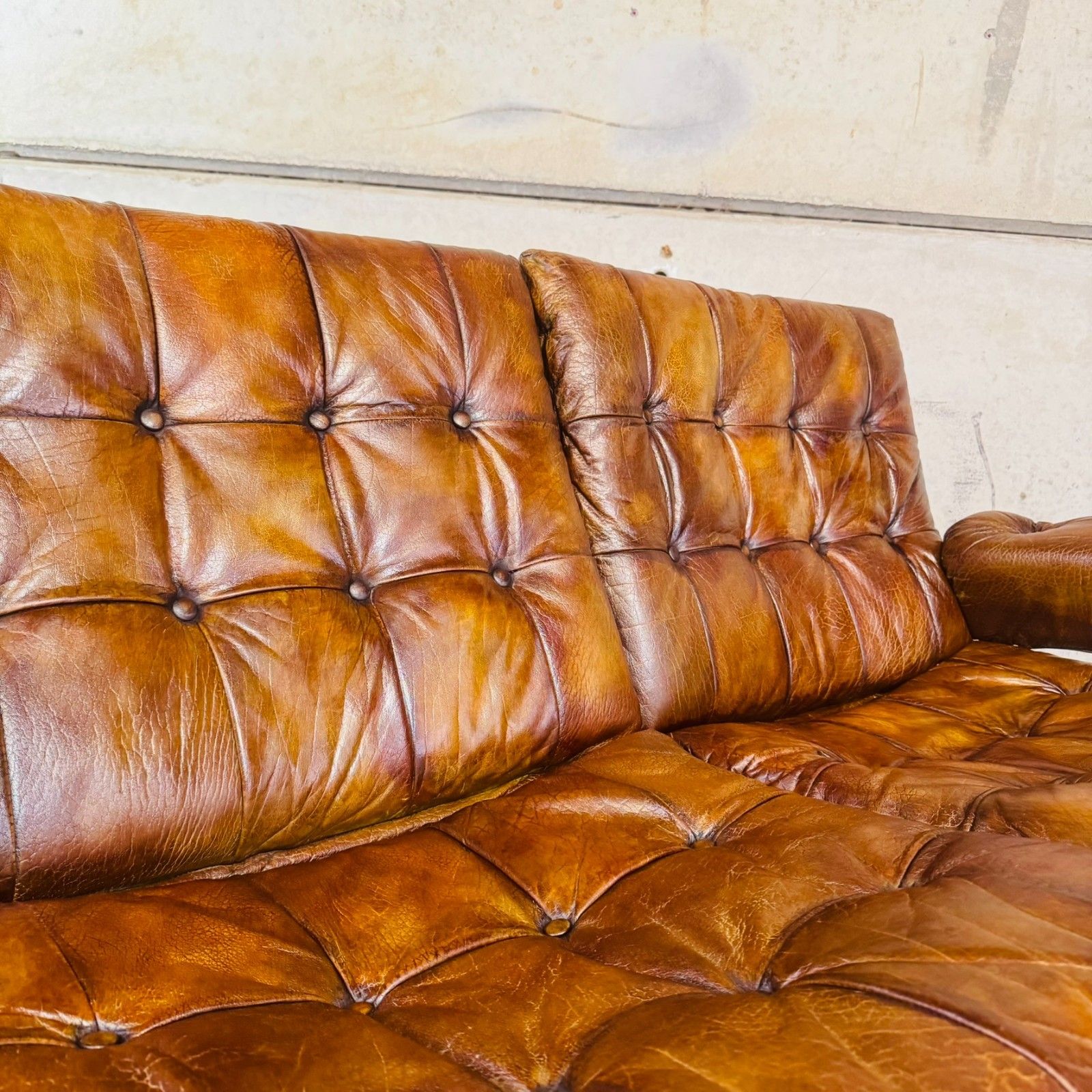 photo for sale 1970s Norwegian Tan Leather 3 Seater Sofa — Rustic Bentwood Frame #A740